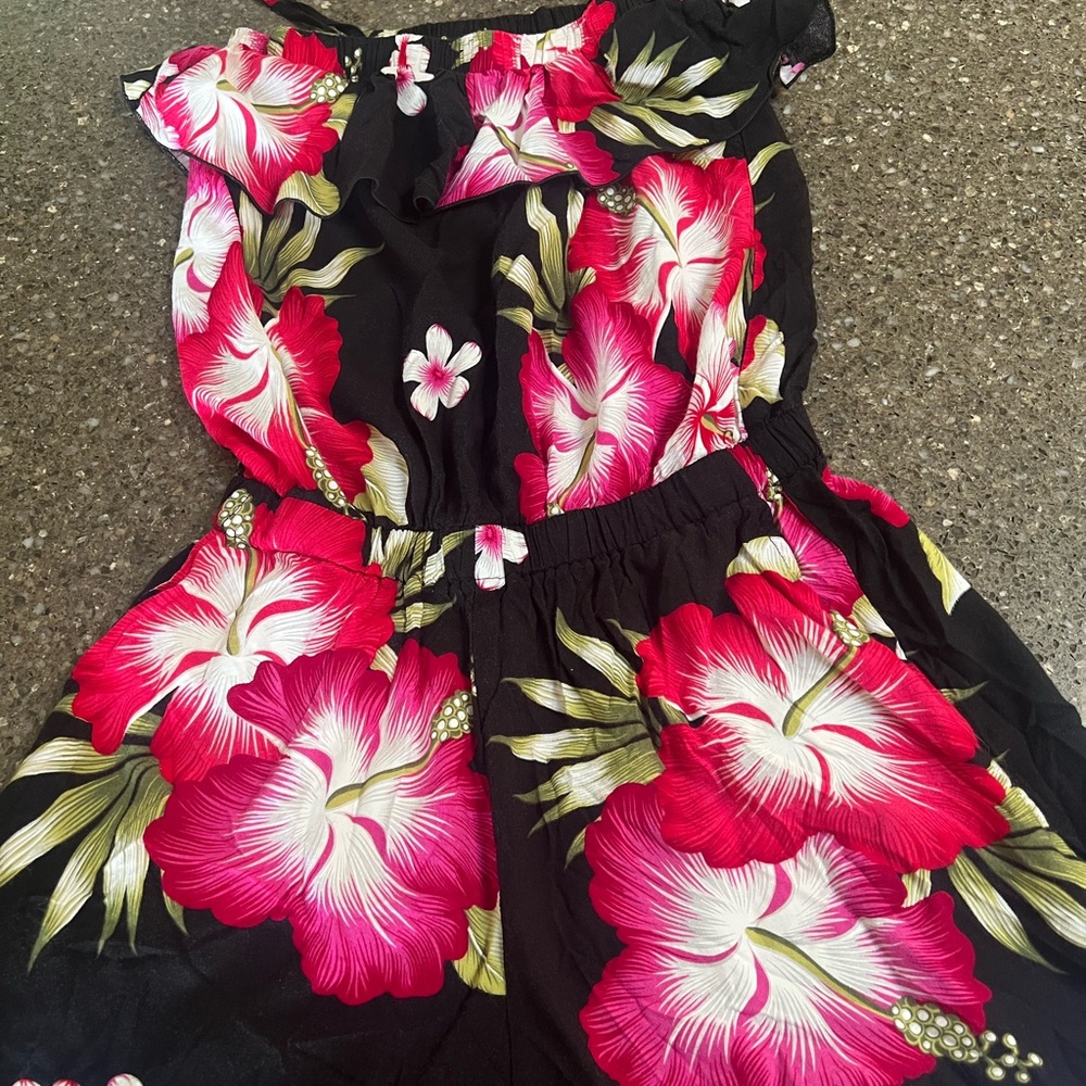 Vibrant Pink and Green Floral Shorts Jumpsuit. Stretch Waistband and Chest. Tie